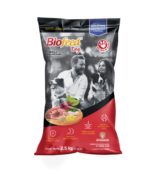 BIOFEED |Alimento premium para perros de edad adulta de razas medianas y grandes, Croqueta adicionada con zinc organco y omegas 3, saco de 2.5 kg