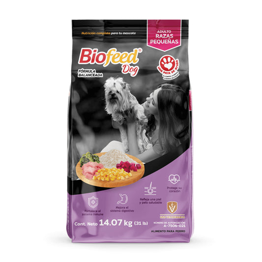 BIOFEED | Alimento premium para perros adultos de razas pequeñas, Croqueta adicionada con zinc orgánico, saco de 14 kg